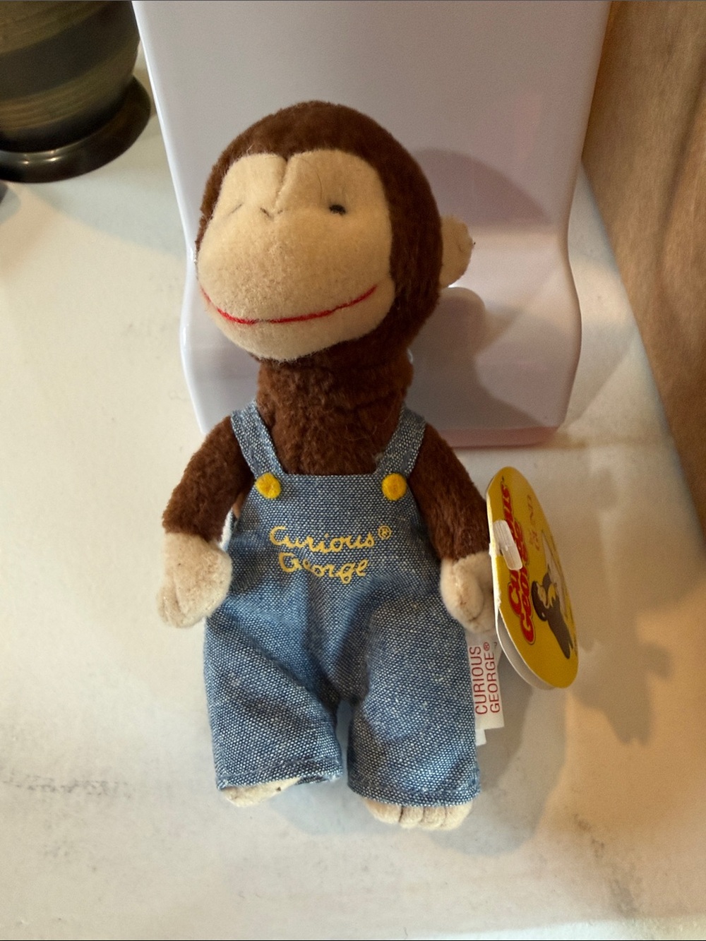 Vintage Gund Curious George Plush with Blue Denim Overalls and Yellow Tag